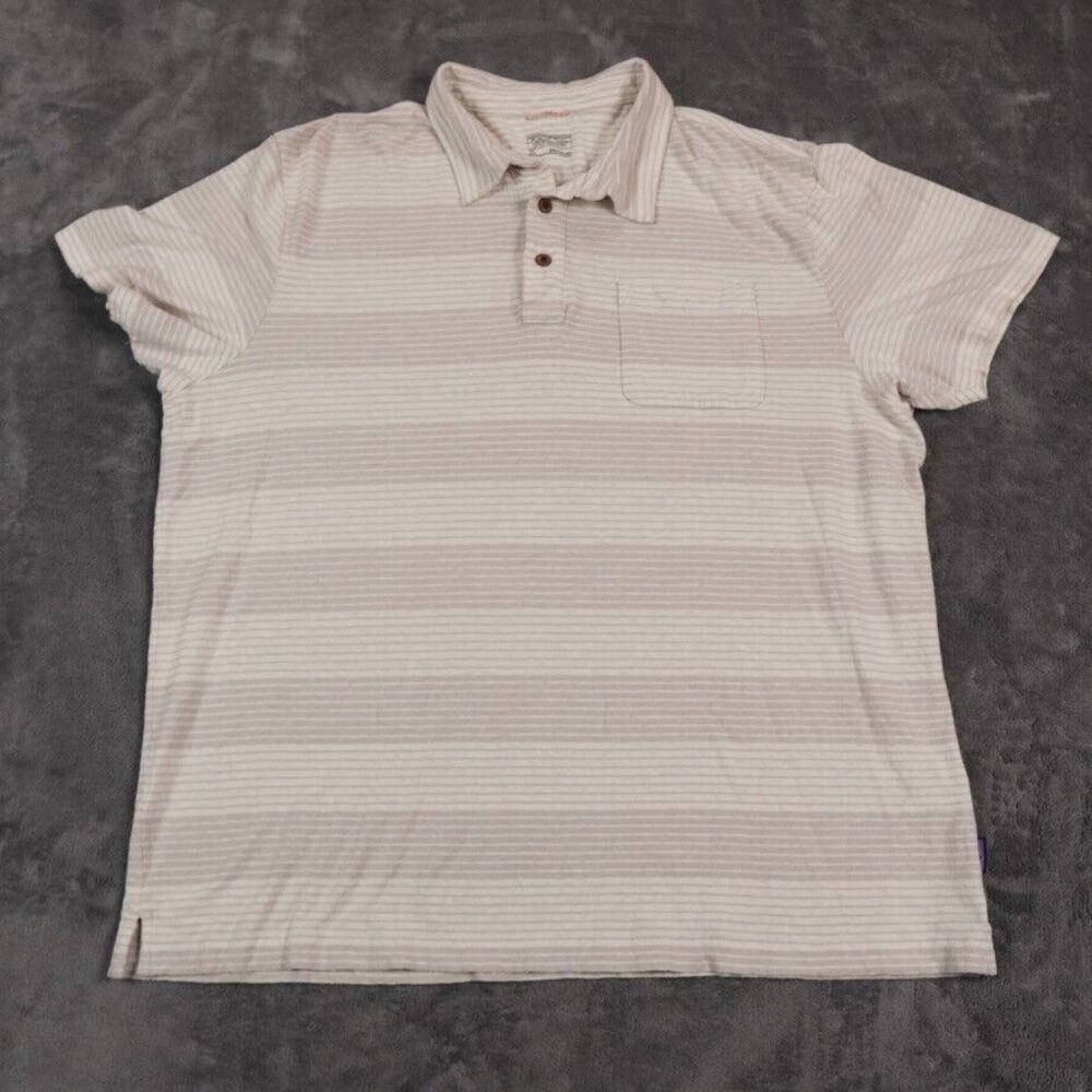 Patagonia Trail Harbor Shirt Mens‎ Extra Large Tan Brown Striped Polo Soft Logo